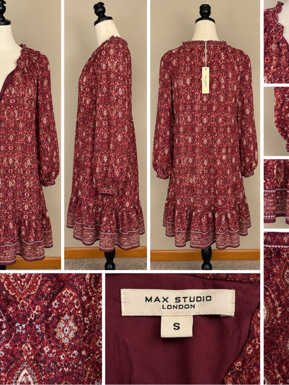 Max Studio London Burgundy Paisley Boho Dress Size Small NWT